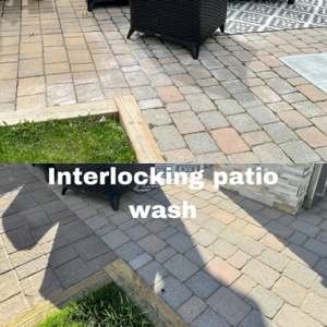 Lumen Landscaping | Sinking Interlock Patio Interlock patio with patio furniture shown in two photos for a patio wash