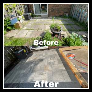 Lumen Landscaping | Ancaster Weedy old slab patio replaced with a new large grey paver patio in a townhouse backyard