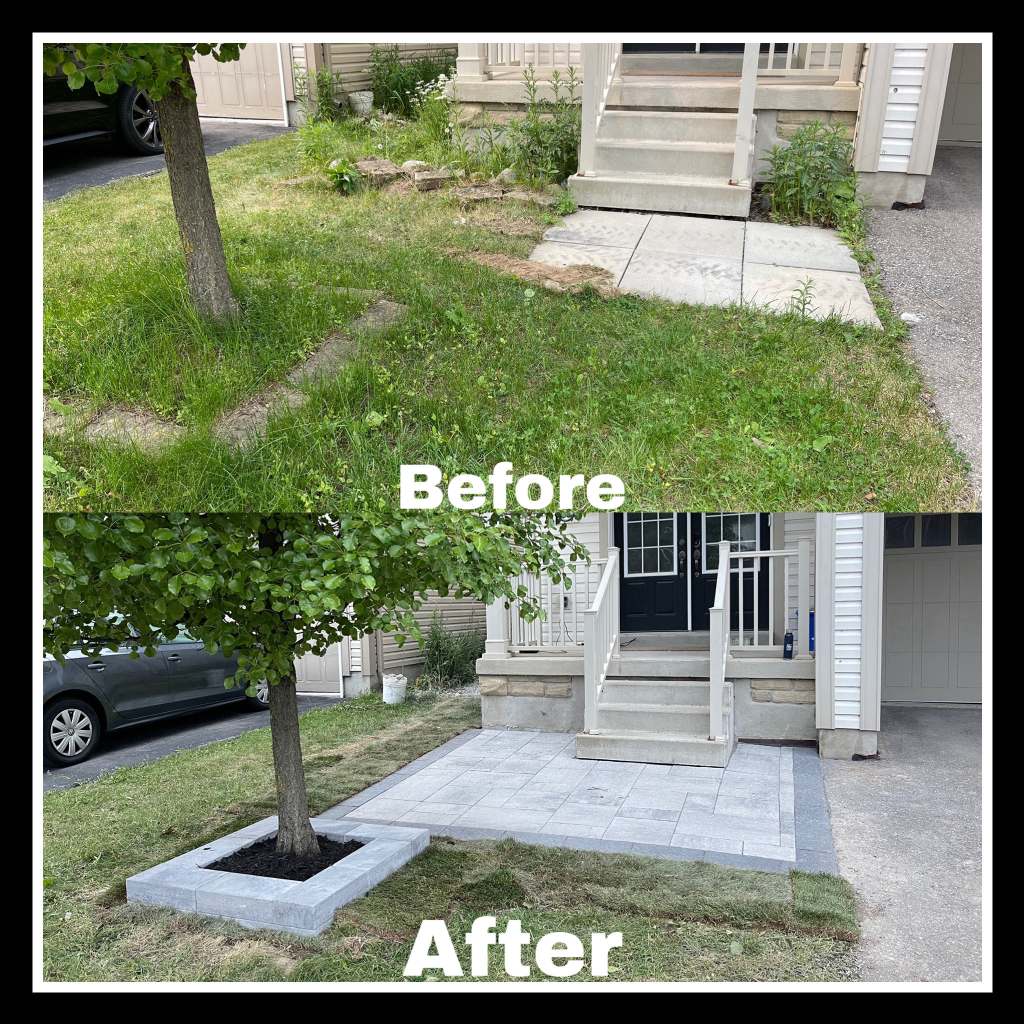 Lumen Landscaping | Downspouts, Eavestroughs and Sinking Driveways Weedy front yard with old slabs, then a new grey paver landing and raised tree ring at the porch
