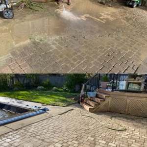 Lumen Landscaping | How We Work Interlock pool deck being pressure washed, then clean beside a covered pool