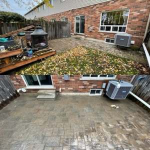 Lumen Landscaping | Sinking Interlock Patio Townhouse backyard with lawn and small patio, then a full width interlock patio