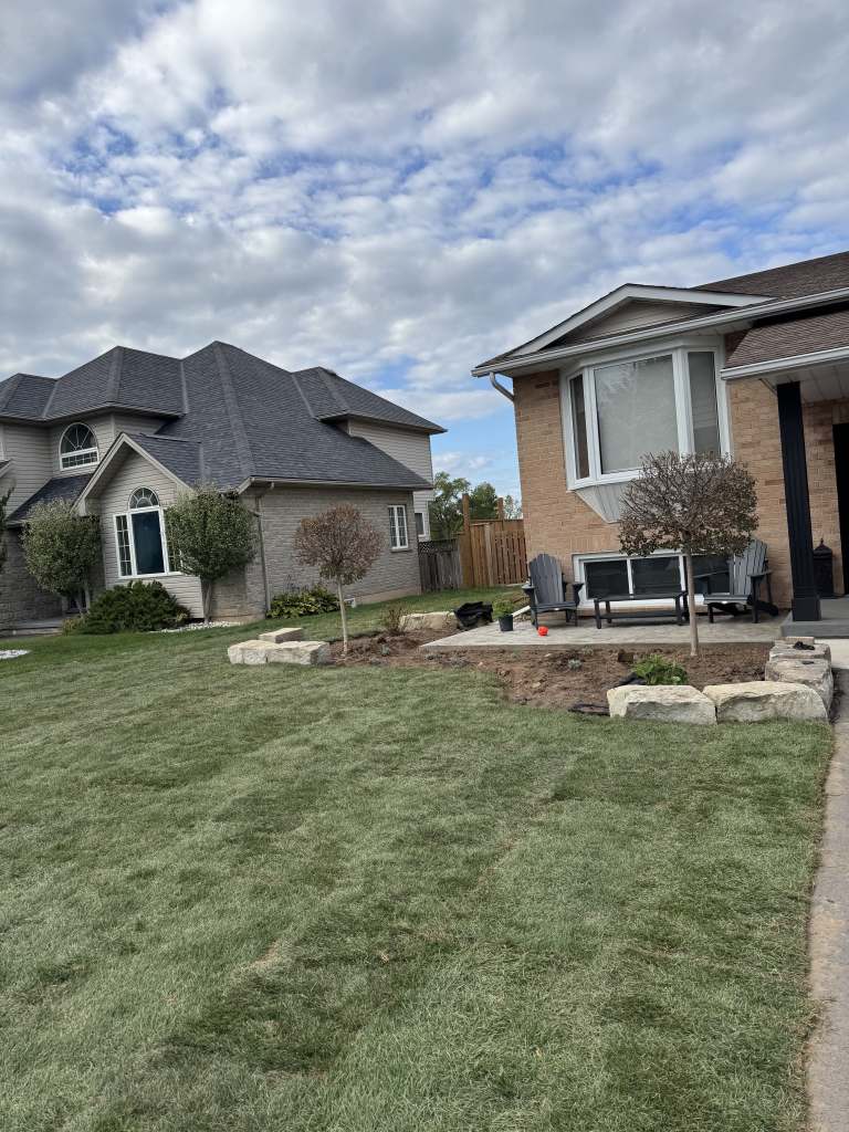 Lumen Landscaping | Will New Sod Survive Its First Winter? New sod front lawn with natural stone slabs and a young tree in a fresh garden bed in Vineland