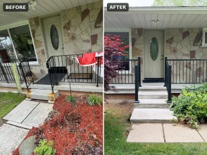 Lumen Landscaping | Concrete Before and after: old slab walk and red mulch replaced with new concrete front steps, a landing and a fresh garden, Hamilton