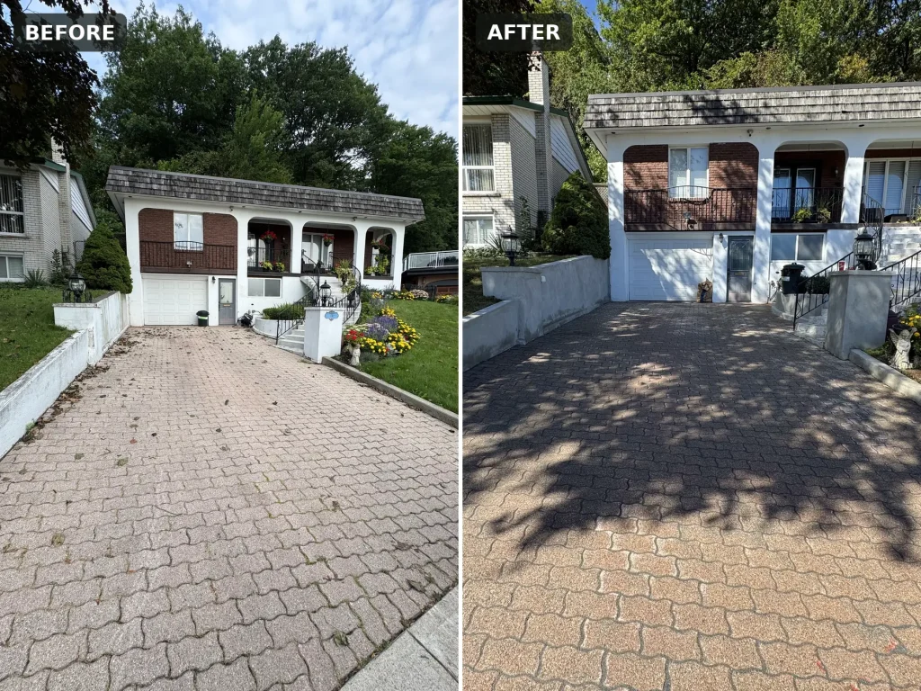 Before and after: faded red paver driveway cleaned and restored, with refinished side walls