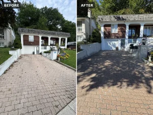 Lumen Landscaping | Hardscaping Before and after interlock driveway restoration in Hamilton: weathered pavers brought back and the side walls refinished