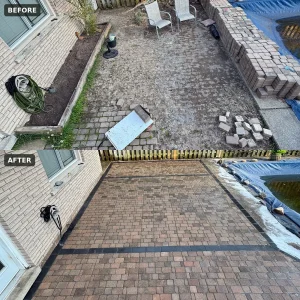 Lumen Landscaping | Burlington Before and after: patio pavers lifted and stacked, then relaid with a charcoal border beside a pool