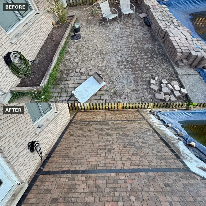 Before and after: interlock patio rebuilt with a dark border Before and after: patio pavers lifted and stacked, then relaid with a charcoal border beside a pool