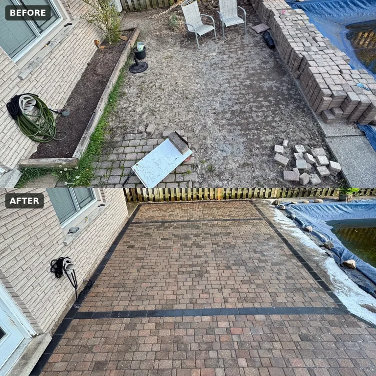 Lumen Landscaping | Home Landscaping Before and after: an old interlock patio lifted and relaid with a charcoal border