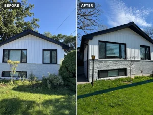 Lumen Landscaping | Gardening Before and after: overgrown evergreen and shrubs removed from the front of a home, a new tree planted and a clean lawn edge