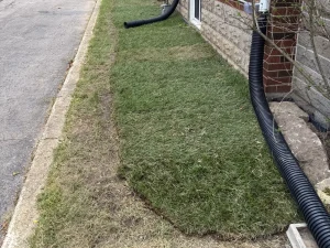 Lumen Landscaping | Binbrook and Glanbrook Fresh sod strip beside a house and driveway with black downspout extension pipes